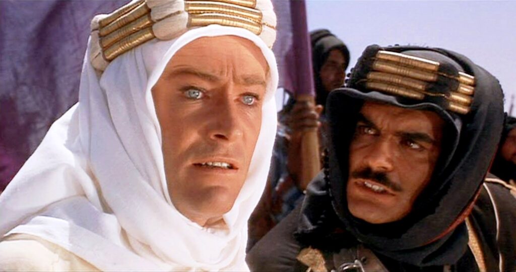 Peter O'Tool at T.E. Lawrence (in white) and Omar Sharif as Sherif Ali (in black) in David Lean's Lawrence of Arabia