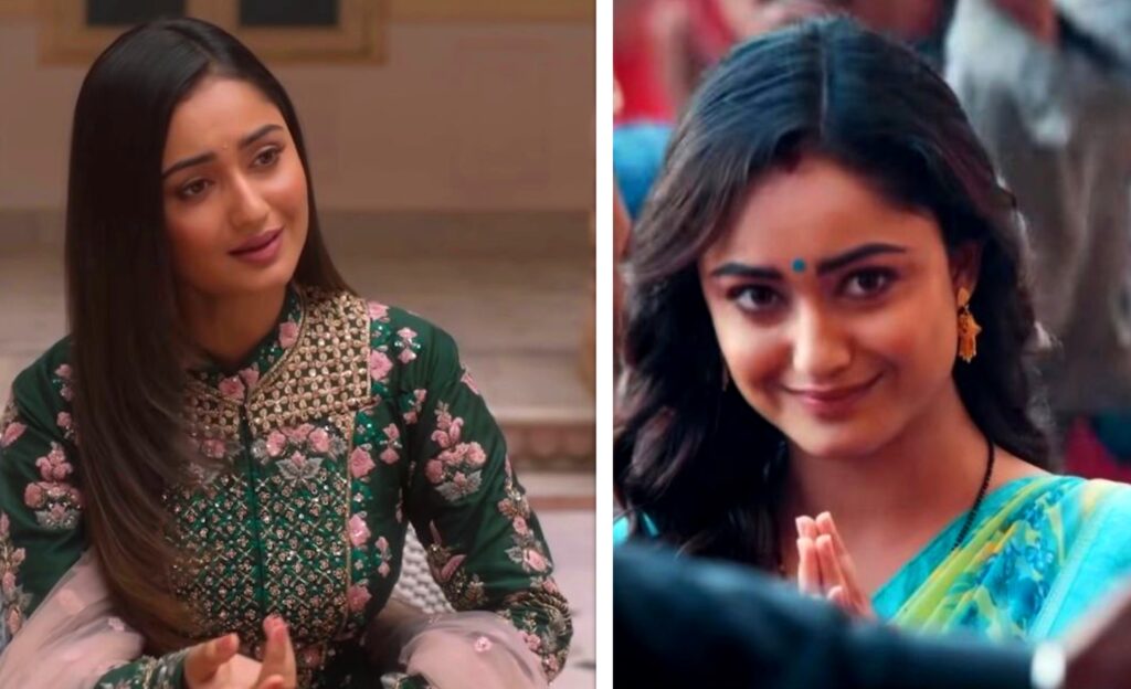 Left: Tridha Choudhary in a still from Bandish Bandits. Right: Tridha Choudahary in a still from Aashram