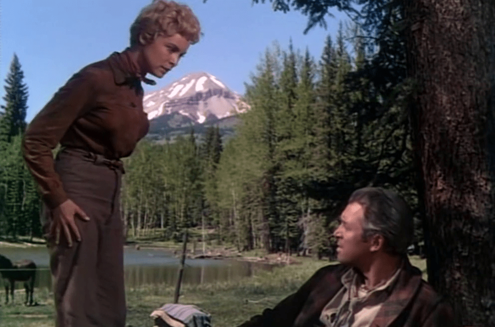 Janet Leigh and James Stewart in a still from The Naked Spur