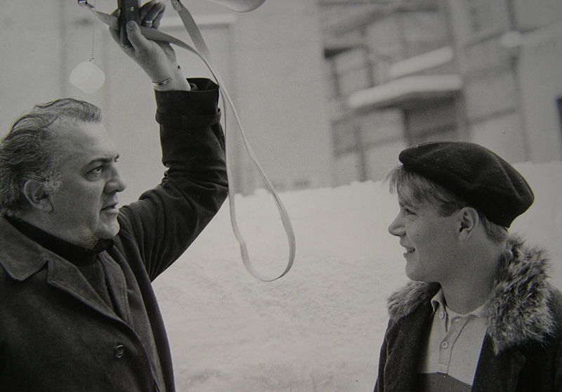 Federico Fellini and Bruno Zanin on the set of Amarcord in 1973