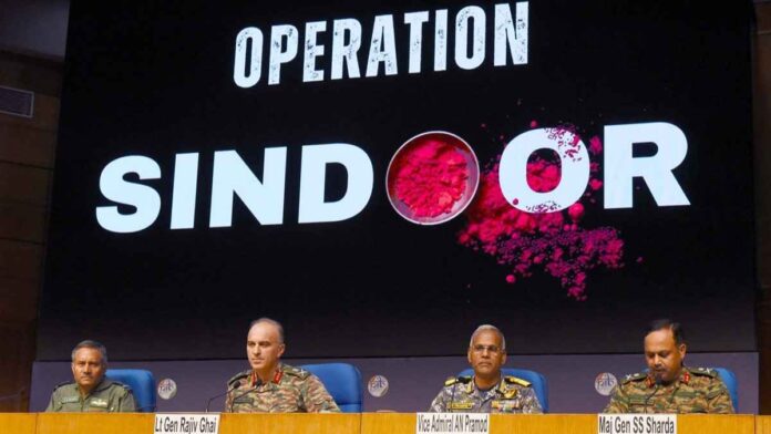 Operation Sindoor briefing by top military leaders: Lt. Gen. Rajiv Ghai, Air Marshal A.K. Bharti, Vice Adm. A.N. Pramod, and Maj. Gen. S.S. Sharda.
